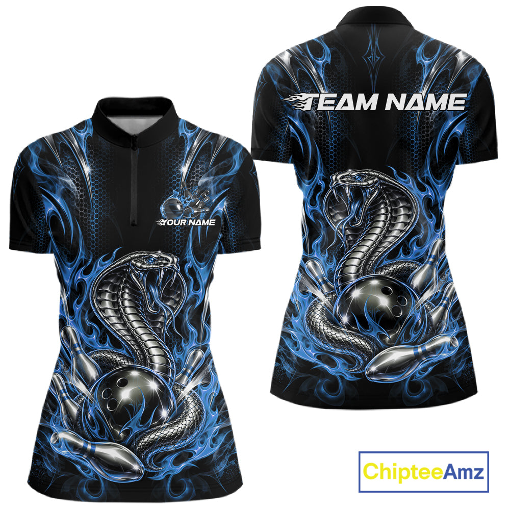 Blue Flame Cobra Snake Custom Bowling Women Quarter-Zip Shirt, Bowling League Shirt IPHW12147