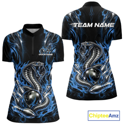 Blue Flame Cobra Snake Custom Bowling Women Quarter-Zip Shirt, Bowling League Shirt IPHW12147