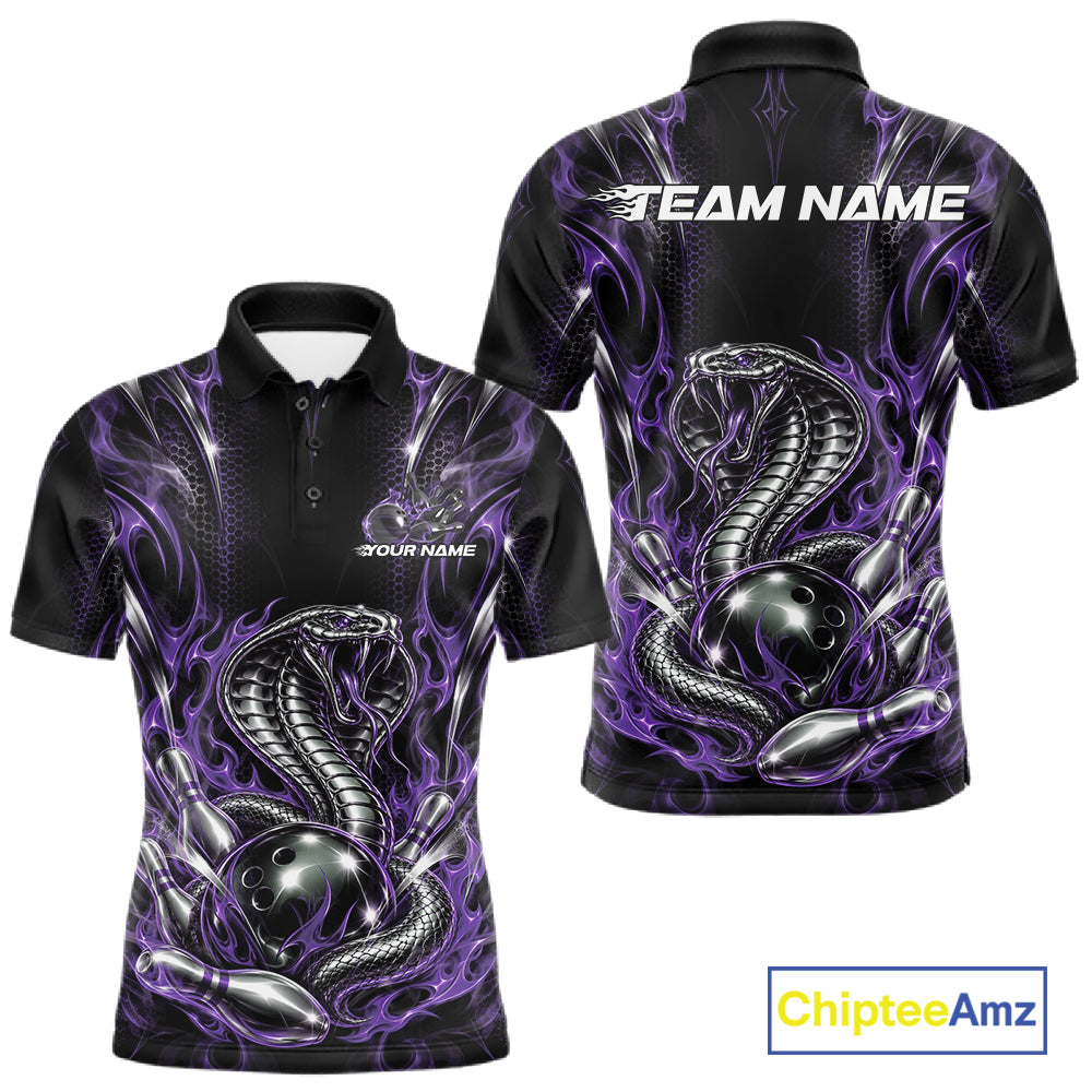 Black And Purple Flame Cobra Snake Custom Bowling Men Polo Shirt, Bowling League Shirt IPHW12148