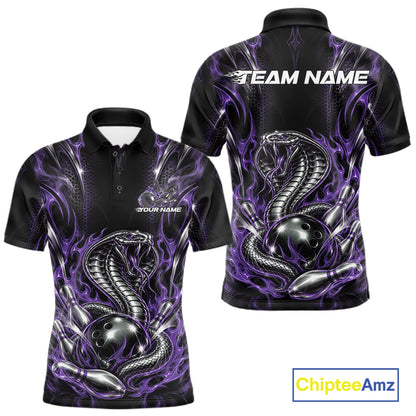 Black And Purple Flame Cobra Snake Custom Bowling Men Polo Shirt, Bowling League Shirt IPHW12148