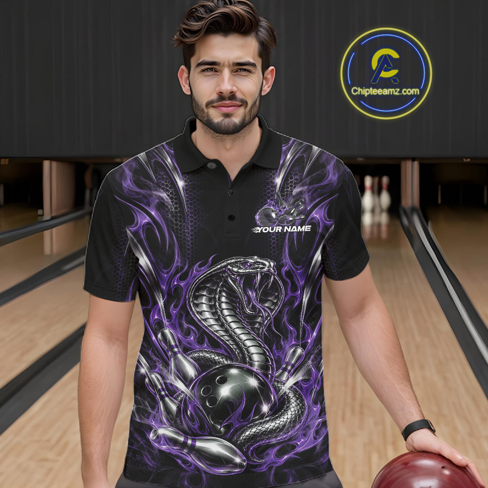 Black And Purple Flame Cobra Snake Custom Bowling Men Polo Shirt, Bowling League Shirt IPHW12148