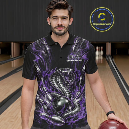 Black And Purple Flame Cobra Snake Custom Bowling Men Polo Shirt, Bowling League Shirt IPHW12148