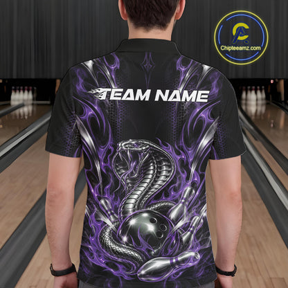 Black And Purple Flame Cobra Snake Custom Bowling Men Polo Shirt, Bowling League Shirt IPHW12148