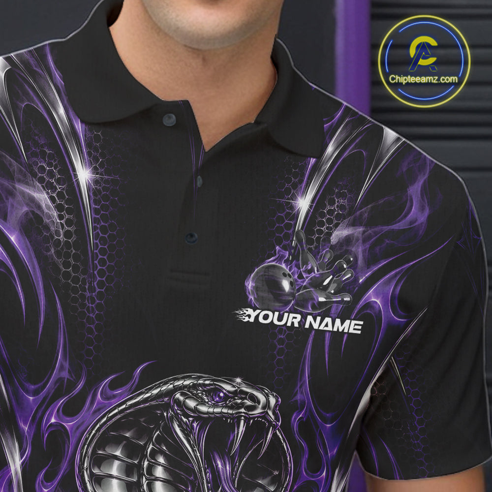 Black And Purple Flame Cobra Snake Custom Bowling Men Polo Shirt, Bowling League Shirt IPHW12148