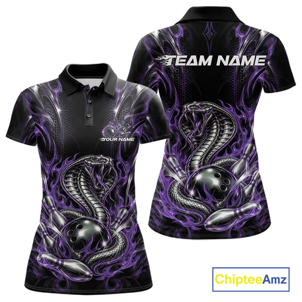 Black And Purple Flame Cobra Snake Custom Bowling Women Polo Shirt, Bowling League Shirt IPHW12148