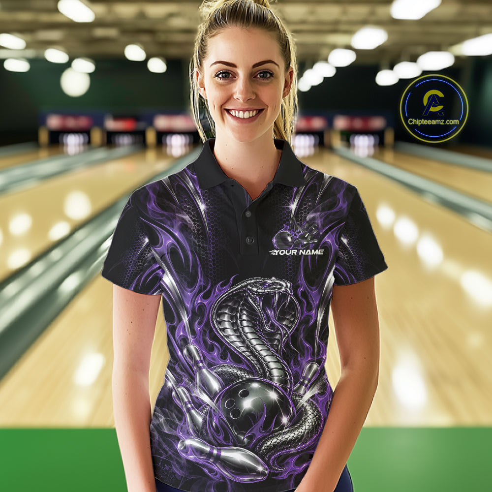 Black And Purple Flame Cobra Snake Custom Bowling Women Polo Shirt, Bowling League Shirt IPHW12148