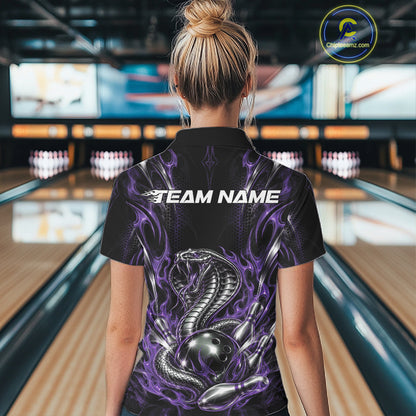 Black And Purple Flame Cobra Snake Custom Bowling Women Polo Shirt, Bowling League Shirt IPHW12148
