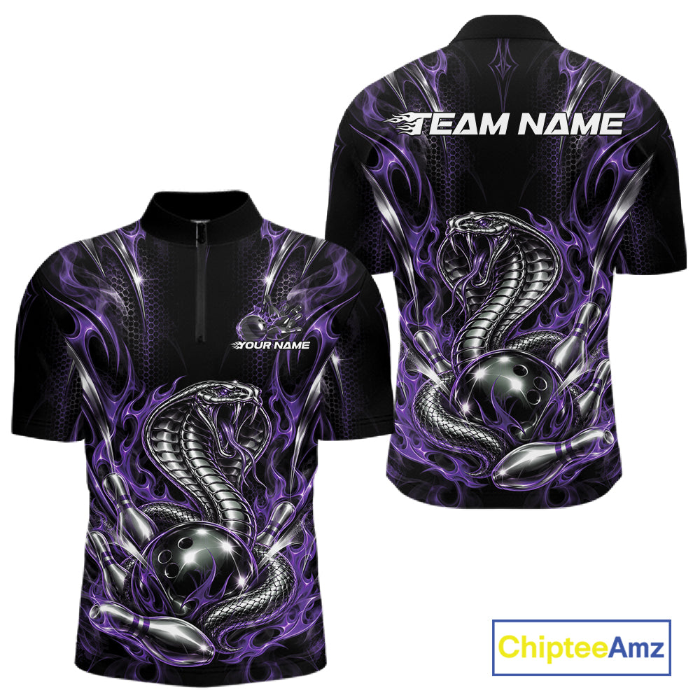 Black And Purple Flame Cobra Snake Custom Bowling Men Quarter Zip Shirt, Bowling League Shirt IPHW12148