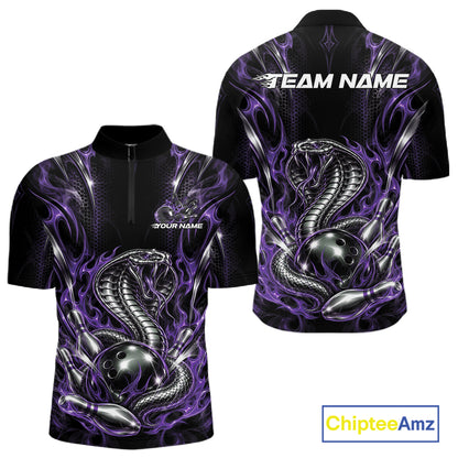 Black And Purple Flame Cobra Snake Custom Bowling Men Quarter Zip Shirt, Bowling League Shirt IPHW12148