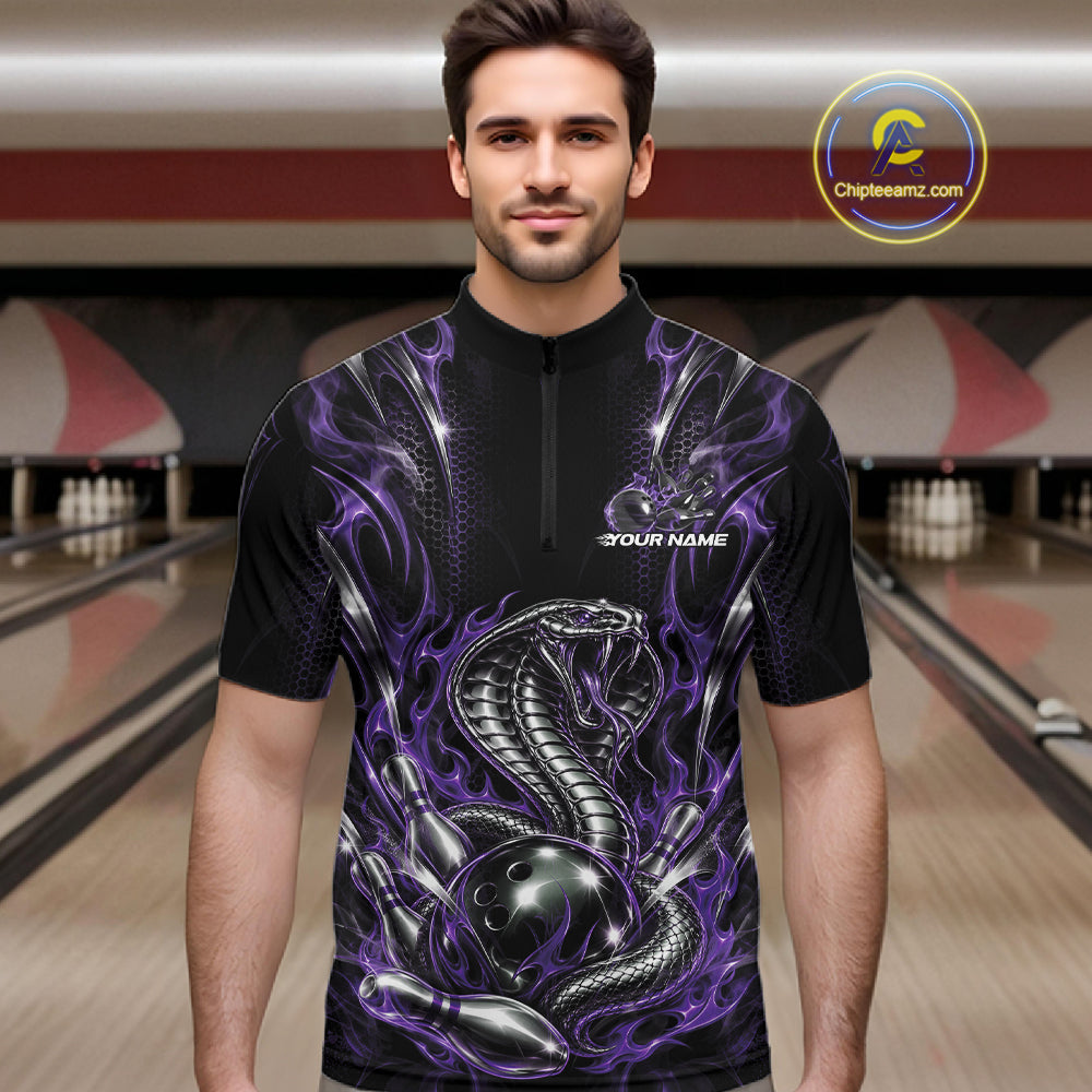Black And Purple Flame Cobra Snake Custom Bowling Men Quarter Zip Shirt, Bowling League Shirt IPHW12148