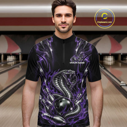Black And Purple Flame Cobra Snake Custom Bowling Men Quarter Zip Shirt, Bowling League Shirt IPHW12148