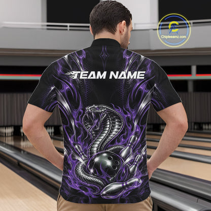 Black And Purple Flame Cobra Snake Custom Bowling Men Quarter Zip Shirt, Bowling League Shirt IPHW12148