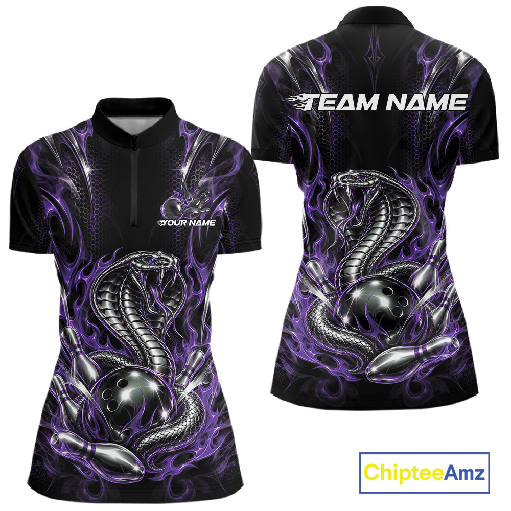 Purple Flame Cobra Snake Custom Bowling Women Quarter-Zip Shirt, Bowling League Shirt IPHW12148