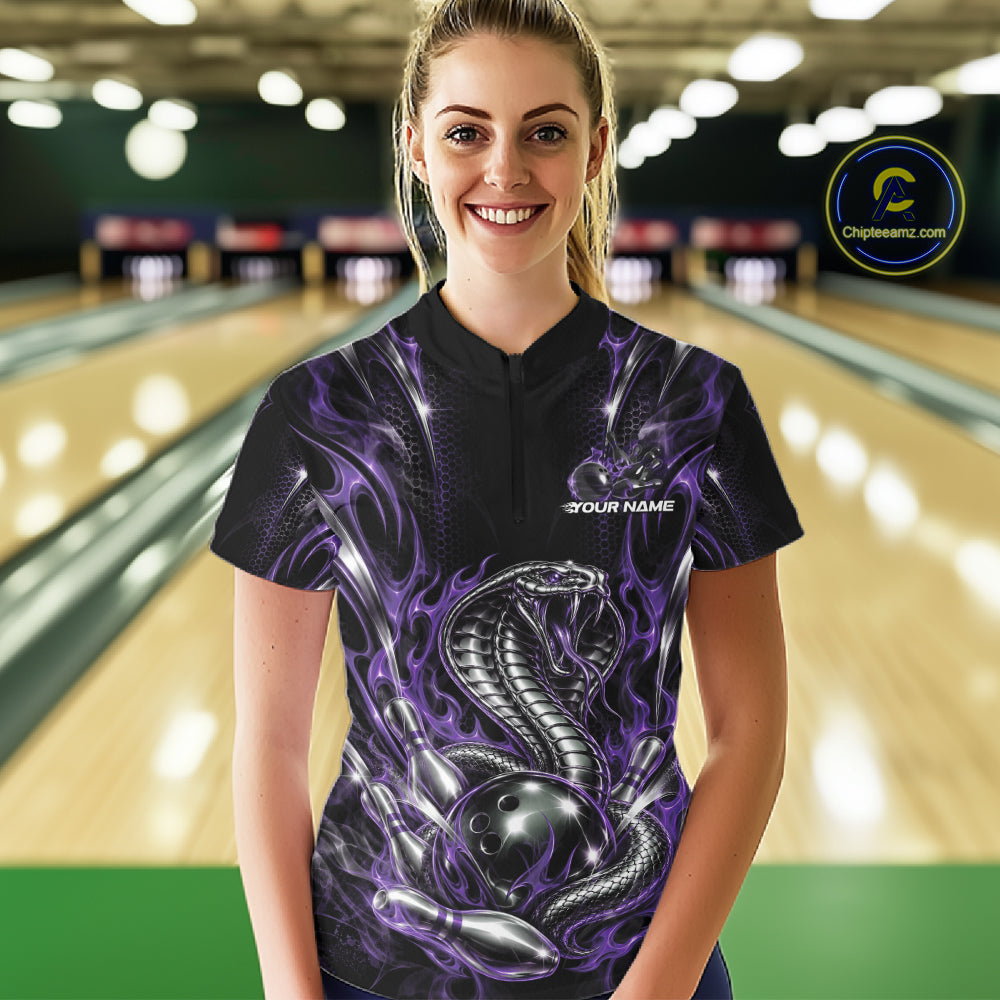 Purple Flame Cobra Snake Custom Bowling Women Quarter-Zip Shirt, Bowling League Shirt IPHW12148
