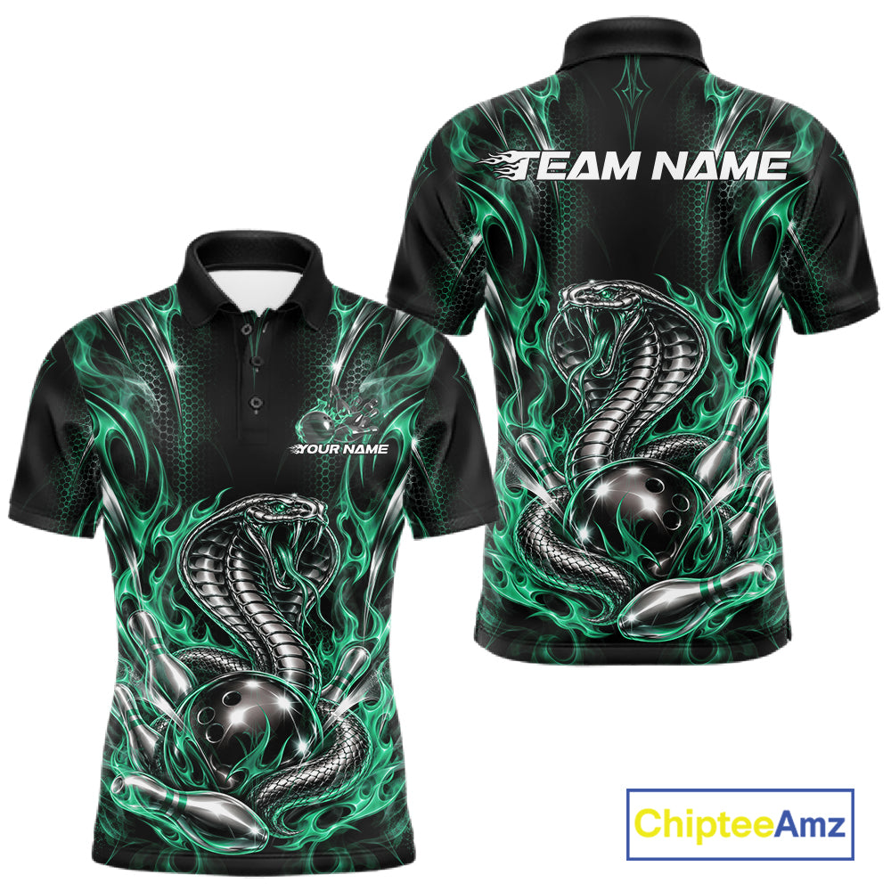 Black And Green Flame Cobra Snake Custom Bowling Men Polo Shirt, Bowling League Shirt IPHW12149
