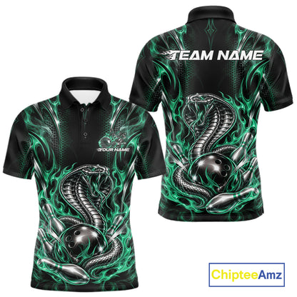 Black And Green Flame Cobra Snake Custom Bowling Men Polo Shirt, Bowling League Shirt IPHW12149