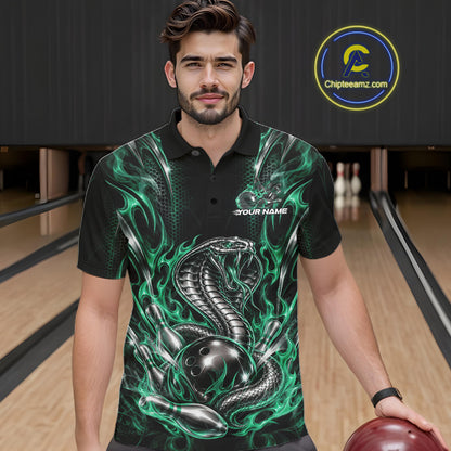 Black And Green Flame Cobra Snake Custom Bowling Men Polo Shirt, Bowling League Shirt IPHW12149