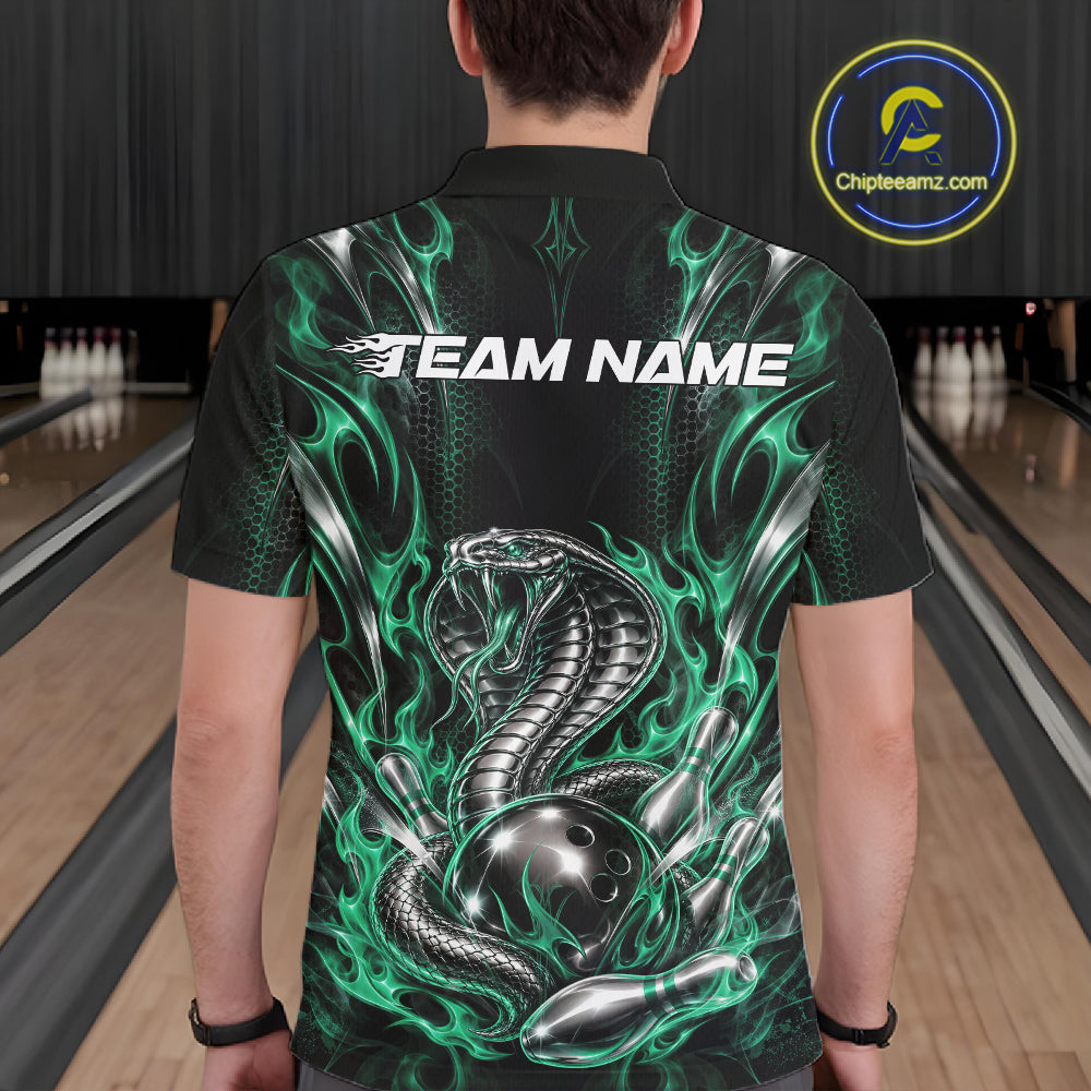 Black And Green Flame Cobra Snake Custom Bowling Men Polo Shirt, Bowling League Shirt IPHW12149