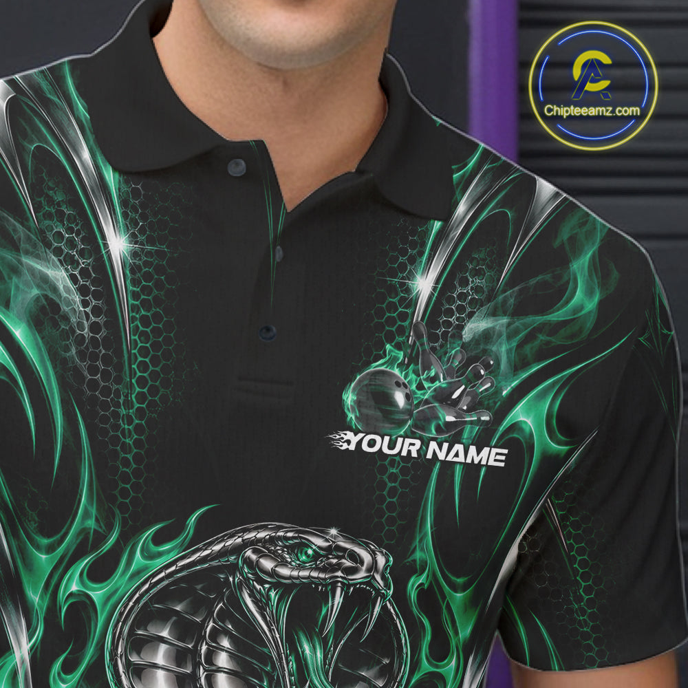 Black And Green Flame Cobra Snake Custom Bowling Men Polo Shirt, Bowling League Shirt IPHW12149