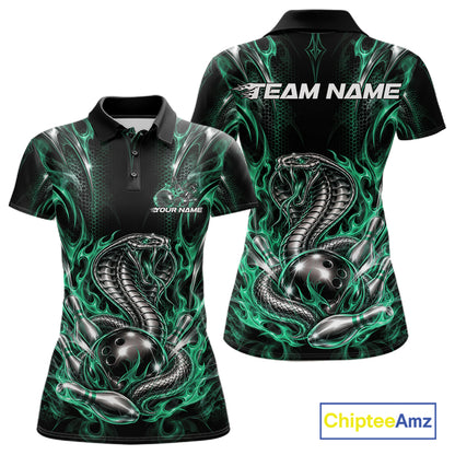 Black And Green Flame Cobra Snake Custom Bowling Women Polo Shirt, Bowling League Shirt IPHW12149