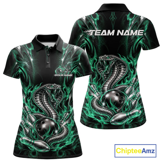 Black And Green Flame Cobra Snake Custom Bowling Women Polo Shirt, Bowling League Shirt IPHW12149