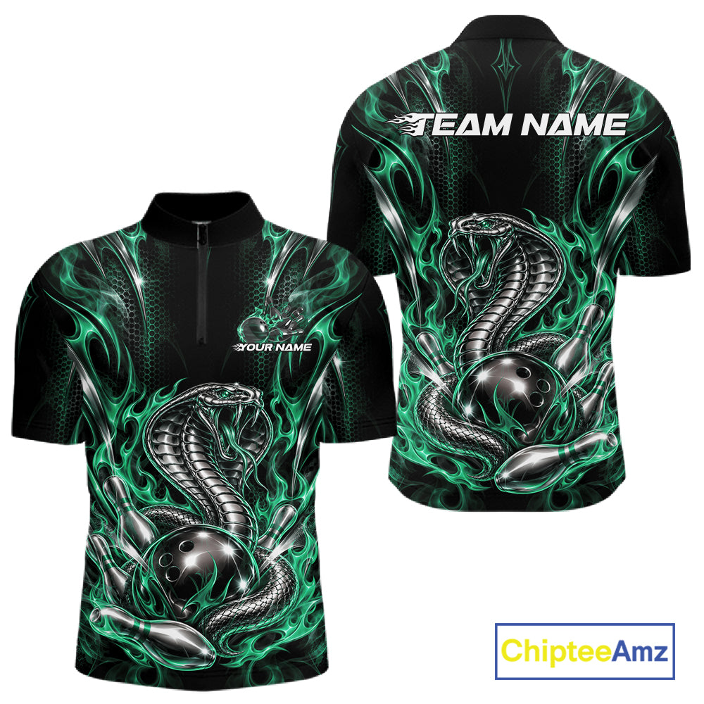 Black And Green Flame Cobra Snake Custom Bowling Men Quarter Zip Shirt, Bowling League Shirt IPHW12149