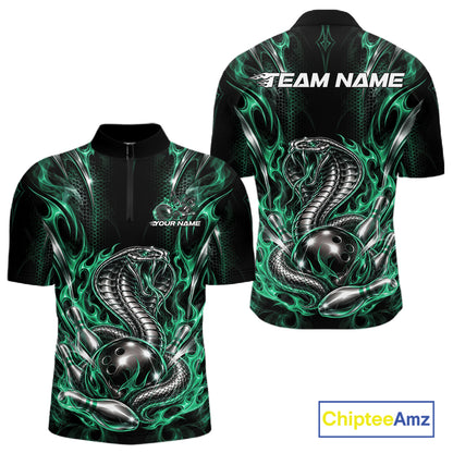 Black And Green Flame Cobra Snake Custom Bowling Men Quarter Zip Shirt, Bowling League Shirt IPHW12149