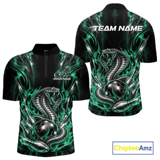 Black And Green Flame Cobra Snake Custom Bowling Men Quarter Zip Shirt, Bowling League Shirt IPHW12149