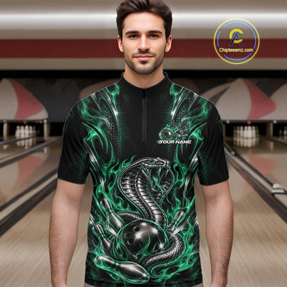 Black And Green Flame Cobra Snake Custom Bowling Men Quarter Zip Shirt, Bowling League Shirt IPHW12149