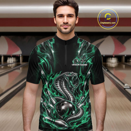 Black And Green Flame Cobra Snake Custom Bowling Men Quarter Zip Shirt, Bowling League Shirt IPHW12149