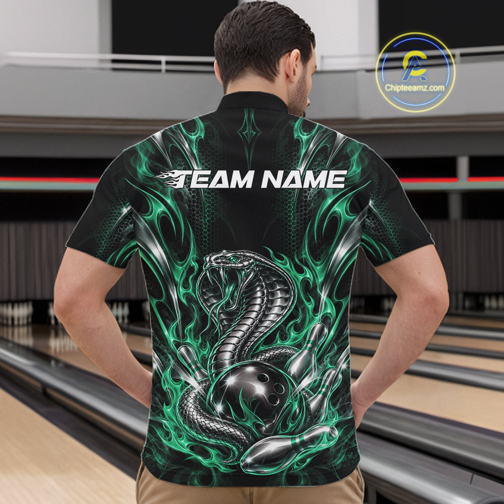 Black And Green Flame Cobra Snake Custom Bowling Men Quarter Zip Shirt, Bowling League Shirt IPHW12149
