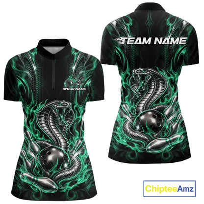 Green Flame Cobra Snake Custom Bowling Women Quarter-Zip Shirt, Bowling League Shirt IPHW12149