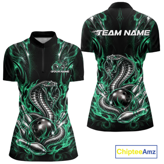 Green Flame Cobra Snake Custom Bowling Women Quarter-Zip Shirt, Bowling League Shirt IPHW12149