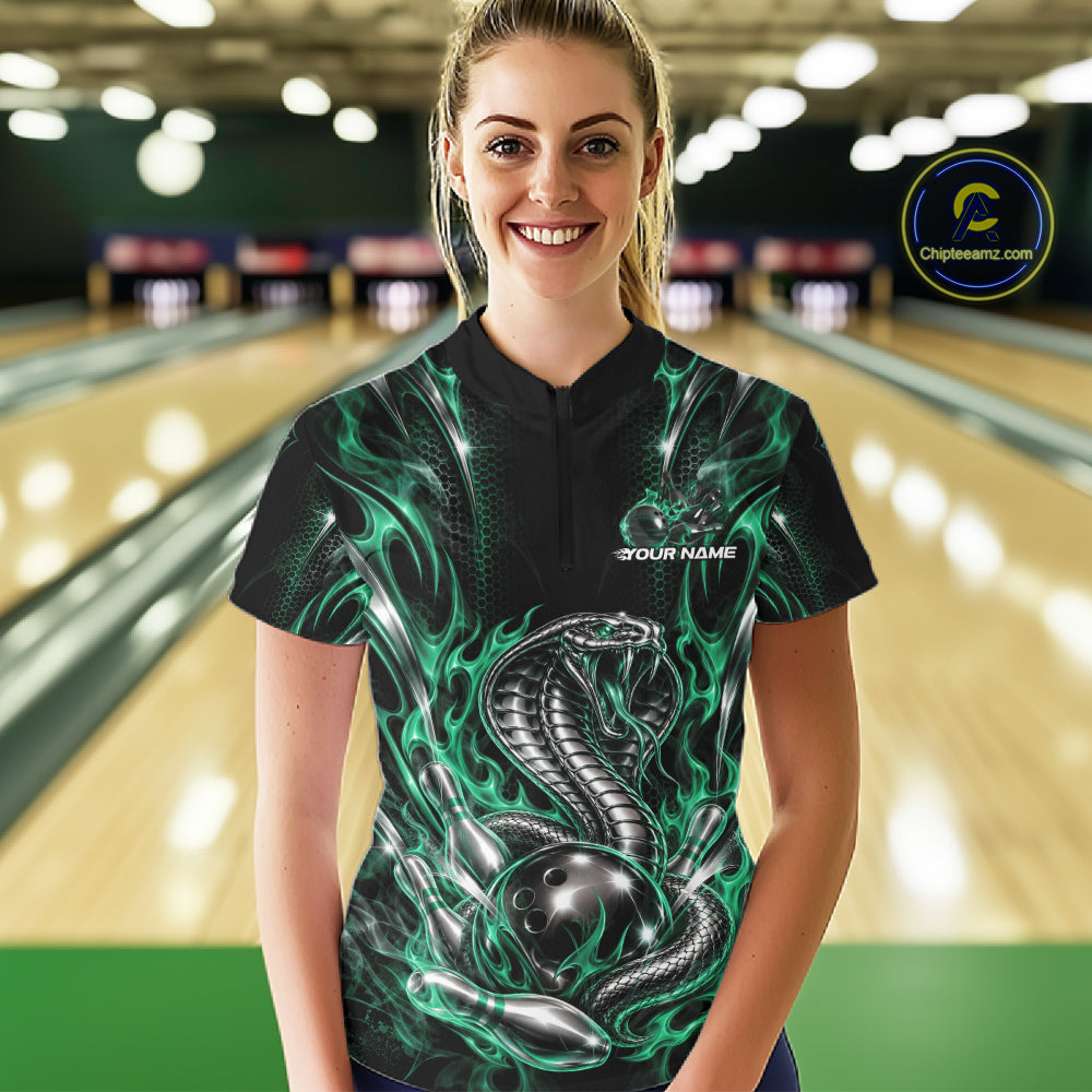 Green Flame Cobra Snake Custom Bowling Women Quarter-Zip Shirt, Bowling League Shirt IPHW12149