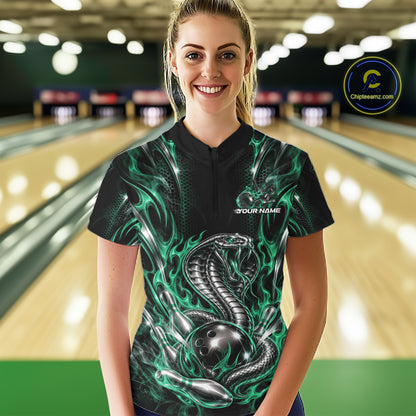 Green Flame Cobra Snake Custom Bowling Women Quarter-Zip Shirt, Bowling League Shirt IPHW12149