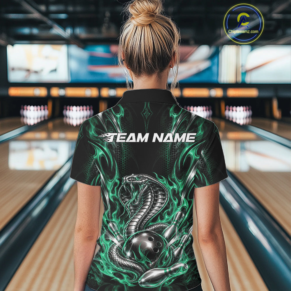 Green Flame Cobra Snake Custom Bowling Women Quarter-Zip Shirt, Bowling League Shirt IPHW12149