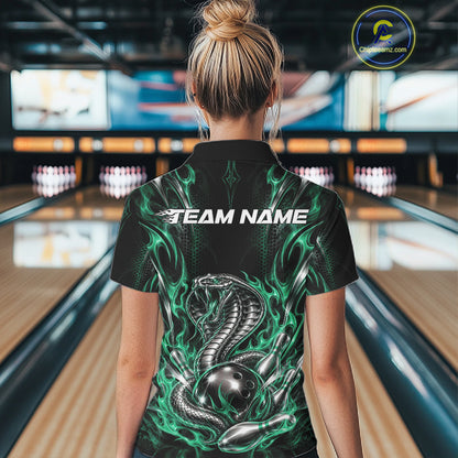 Green Flame Cobra Snake Custom Bowling Women Quarter-Zip Shirt, Bowling League Shirt IPHW12149