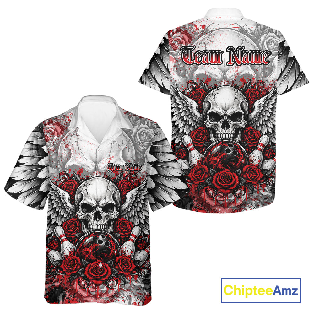 Red Roses And Skull With Wings Custom Bowling Men And Women Button Up Shirt, Halloween Bowler Outfit IPHW12150