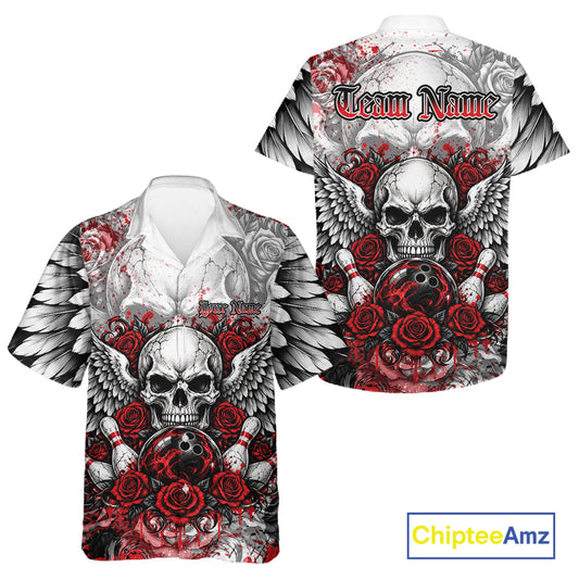 Red Roses And Skull With Wings Custom Bowling Men And Women Button Up Shirt, Halloween Bowler Outfit IPHW12150