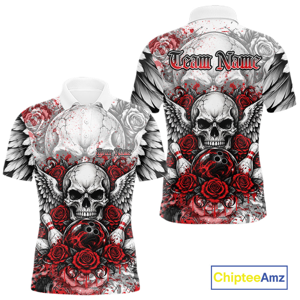 Red Roses And Skull With Wings Custom Bowling Men Polo Shirt, Halloween Bowler Outfit IPHW12150