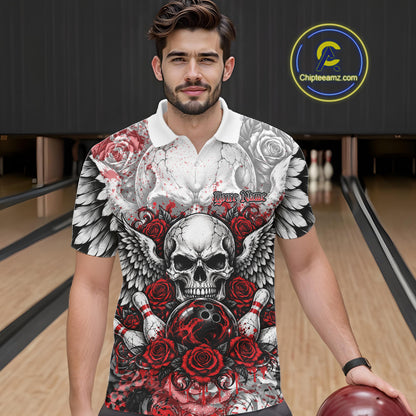 Red Roses And Skull With Wings Custom Bowling Men Polo Shirt, Halloween Bowler Outfit IPHW12150