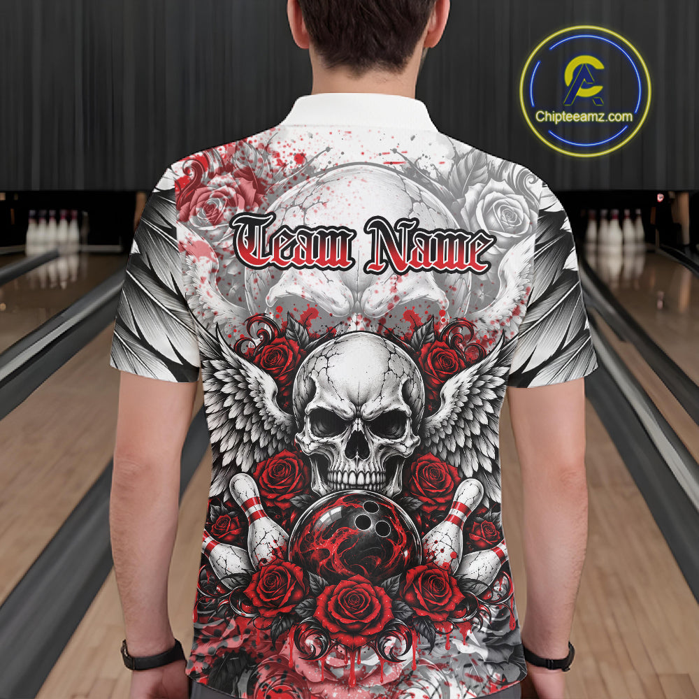 Red Roses And Skull With Wings Custom Bowling Men Polo Shirt, Halloween Bowler Outfit IPHW12150
