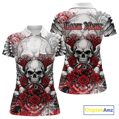 Red Roses And Skull With Wings Custom Bowling Women Polo Shirt, Halloween Bowler Outfit IPHW12150