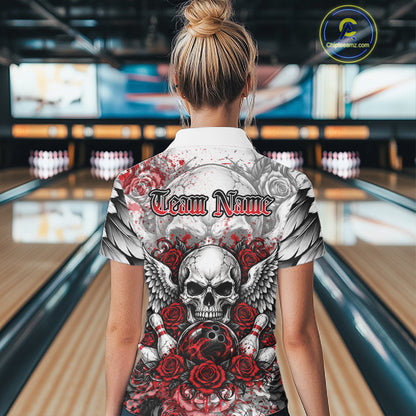 Red Roses And Skull With Wings Custom Bowling Women Polo Shirt, Halloween Bowler Outfit IPHW12150