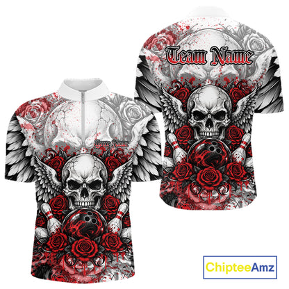 Red Roses And Skull With Wings Custom Bowling Men Quarter Zip Shirt, Halloween Bowler Outfit IPHW12150