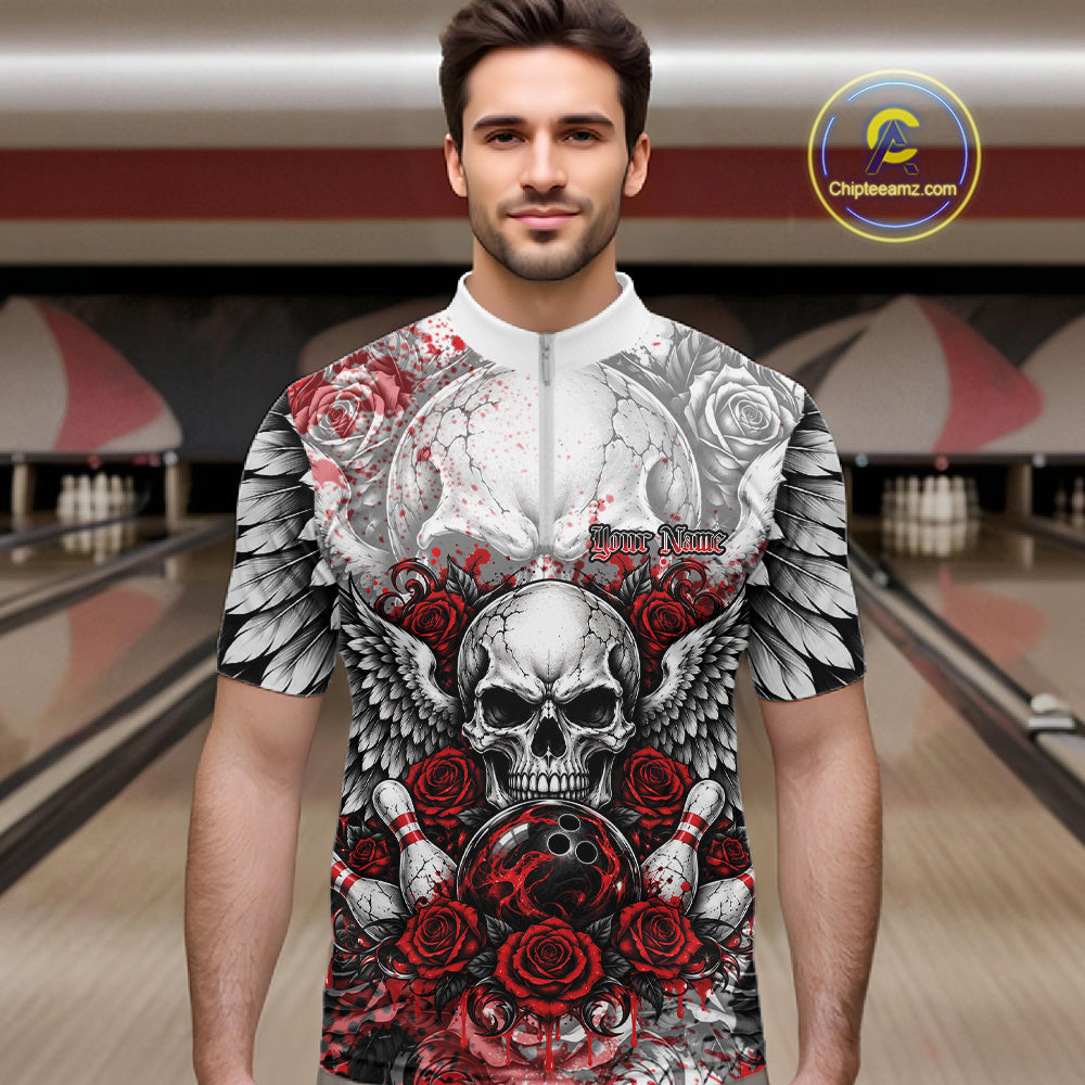 Red Roses And Skull With Wings Custom Bowling Men Quarter Zip Shirt, Halloween Bowler Outfit IPHW12150