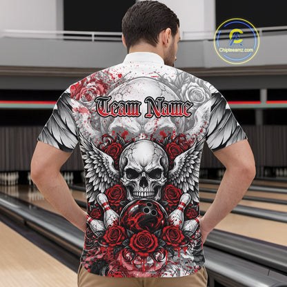 Red Roses And Skull With Wings Custom Bowling Men Quarter Zip Shirt, Halloween Bowler Outfit IPHW12150