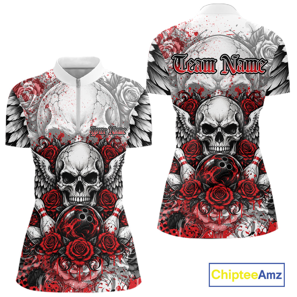 Red Roses And Skull With Wings Custom Bowling Women Quarter-Zip Shirt, Halloween Outfit IPHW12150