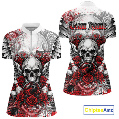 Red Roses And Skull With Wings Custom Bowling Women Quarter-Zip Shirt, Halloween Outfit IPHW12150
