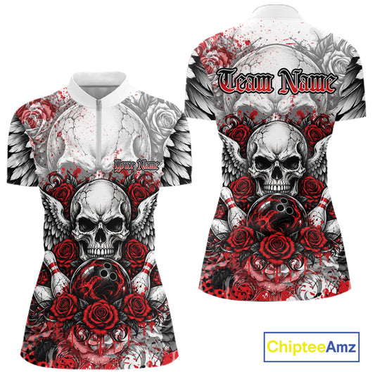 Red Roses And Skull With Wings Custom Bowling Women Quarter-Zip Shirt, Halloween Outfit IPHW12150